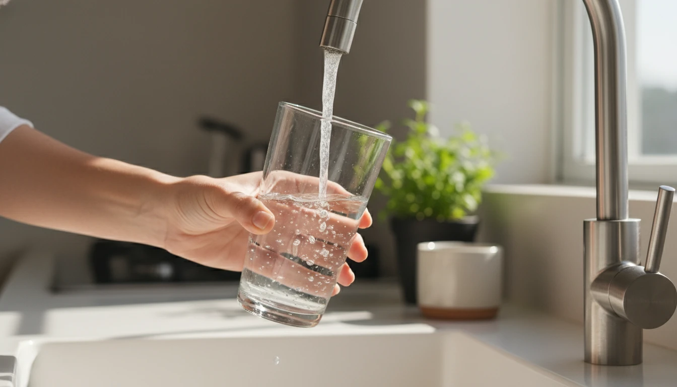 Pessoa enchendo um copo de água, gesto cotidiano que ilustra sede aumentada.
