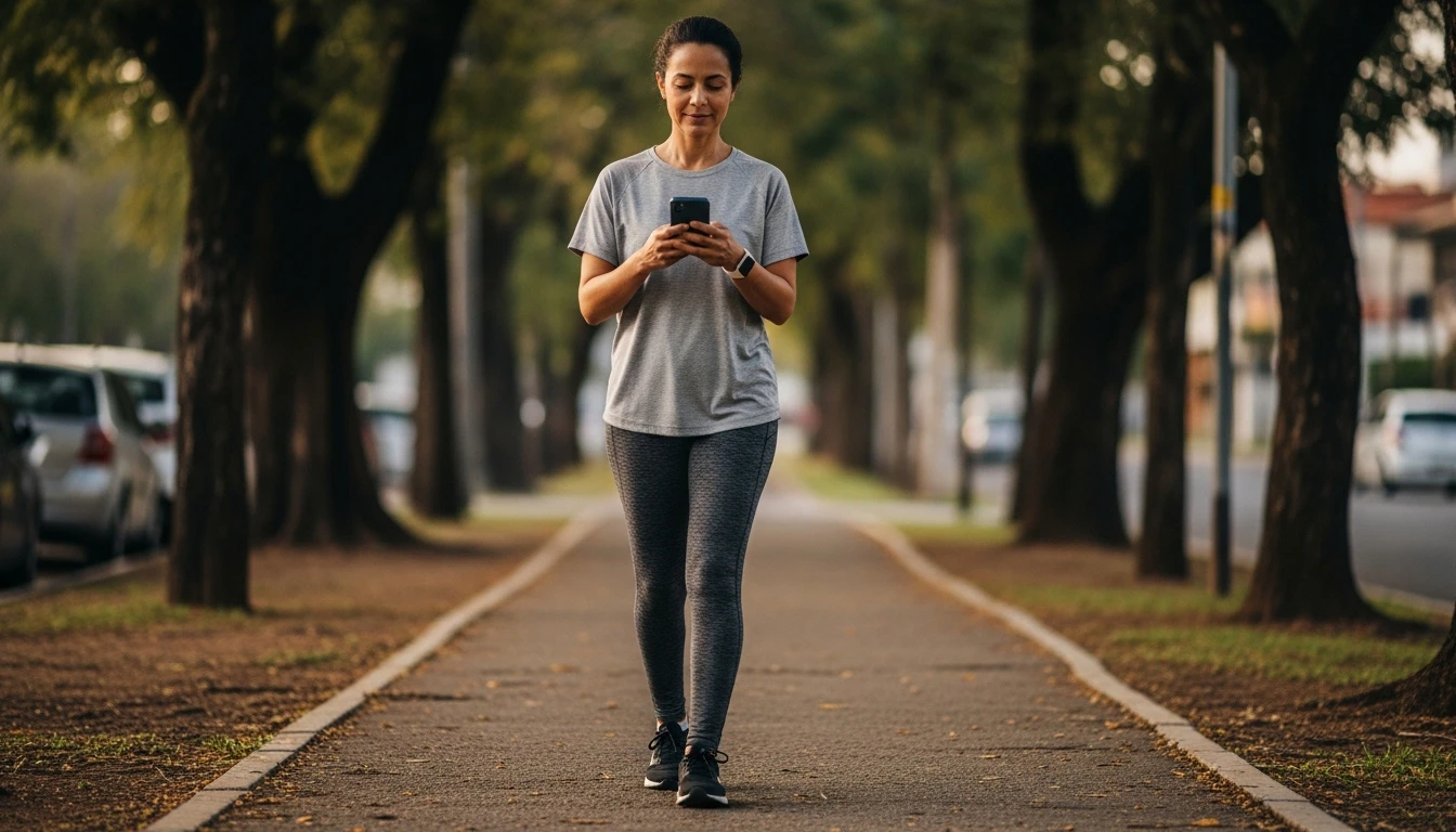 Pessoa caminhando em ritmo leve e olhando o smartphone, conectando atividade física e autocuidado.