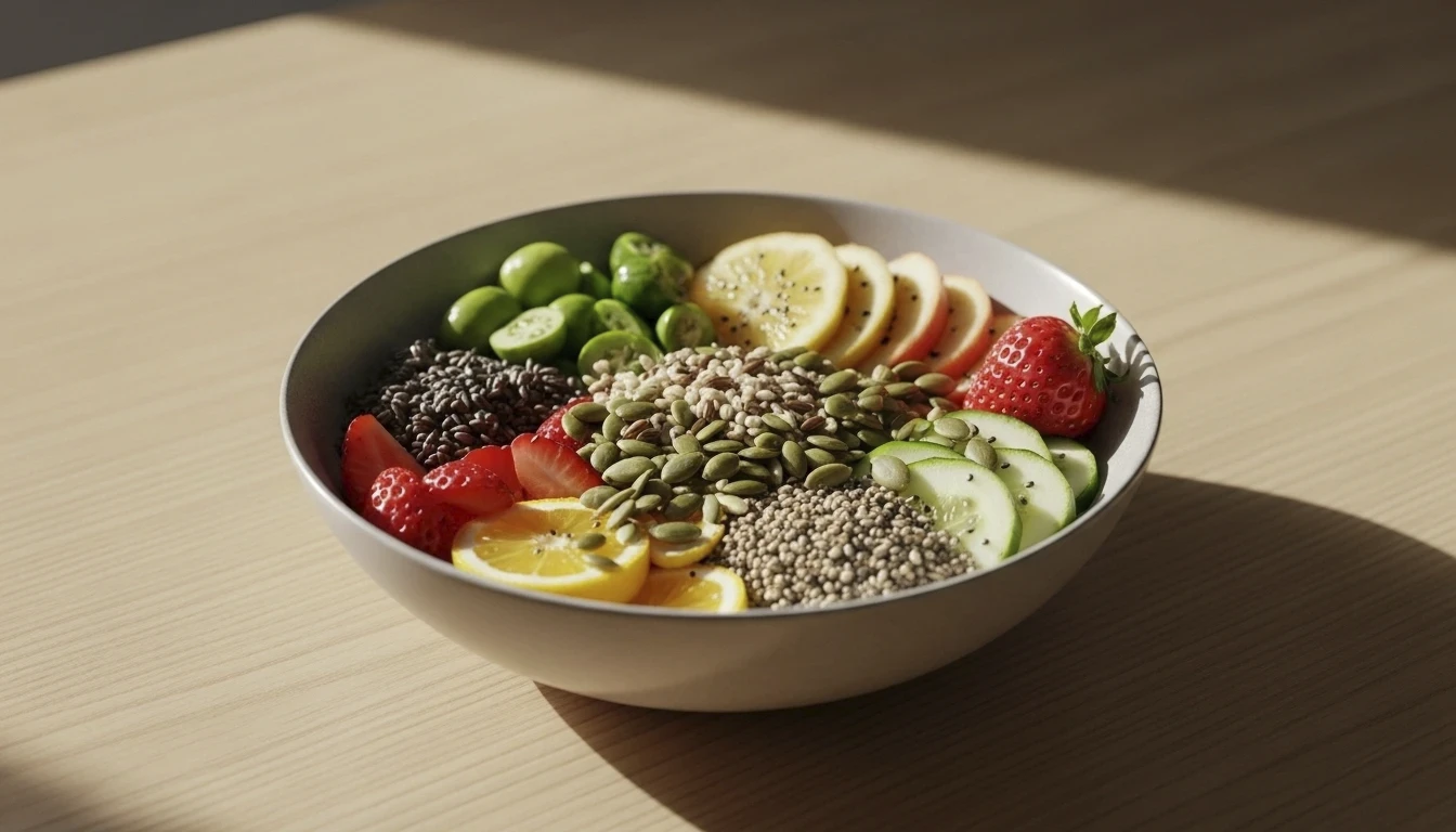 Tigela com frutas, verduras e grãos, representando uma refeição colorida e equilibrada.