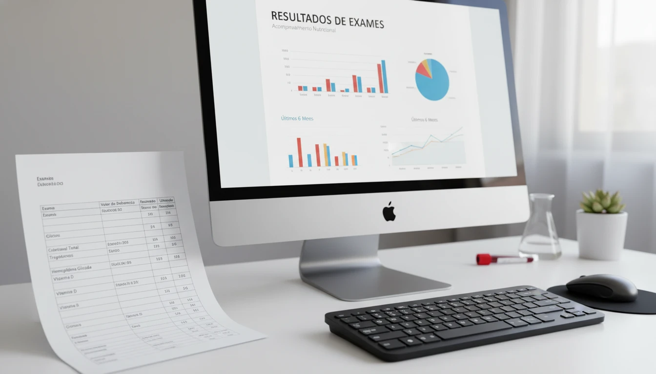 Lâmina de exames e computador exibindo resultados digitais de exames de sangue.