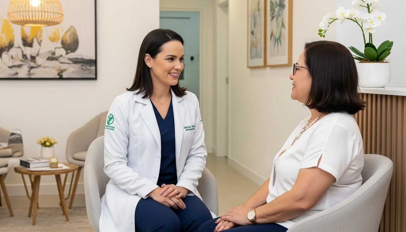 Profissional de saúde conversando com paciente na recepção do laboratório, em ambiente acolhedor.