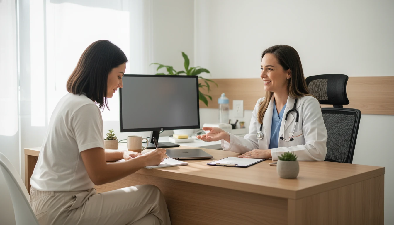 (Imagem: mulher em consulta em ambiente clínico, tomando notas com profissional de saúde; clima de acolhimento.)