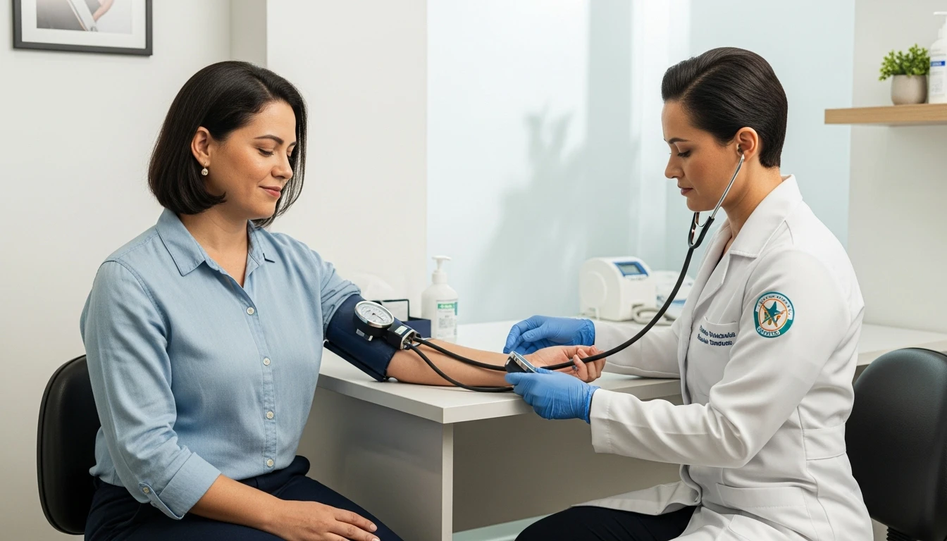 Profissional de saúde medindo a pressão arterial de um paciente em ambiente clínico.