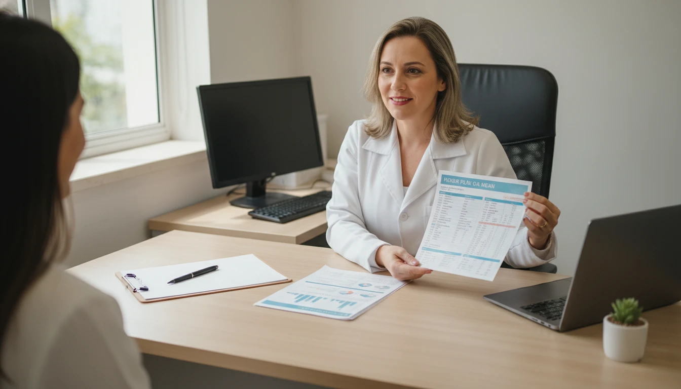 Nutricionista analisando exames laboratoriais com paciente em ambiente clínico.