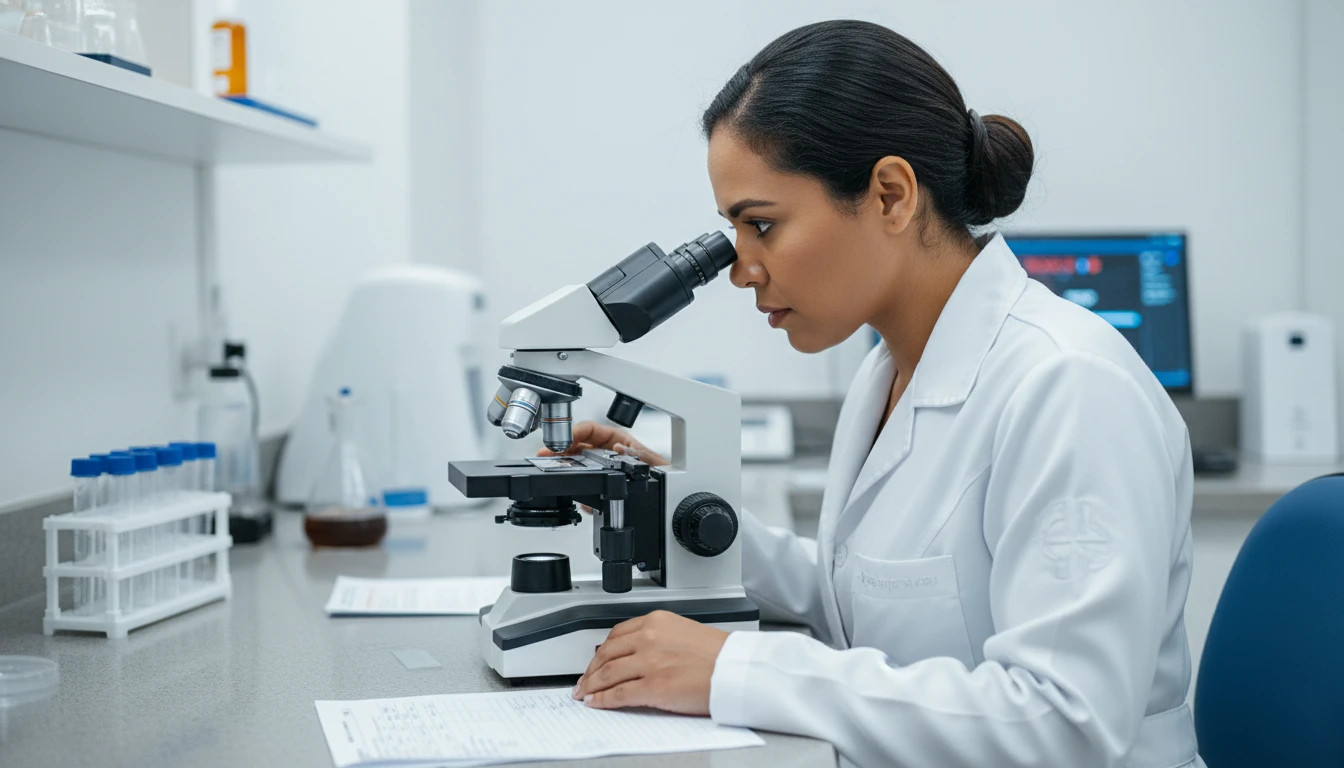Profissional de laboratório analisando lâmina no microscópio.