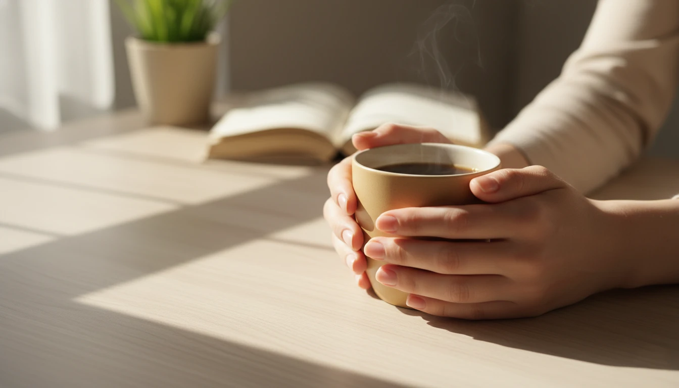 (Imagem: mãos femininas segurando uma xícara, em ambiente clínico acolhedor, sugerindo bem-estar e cuidado.)