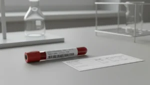 Tubo de sangue rotulado ao lado de ficha com resultados, remetendo a exames de rotina.