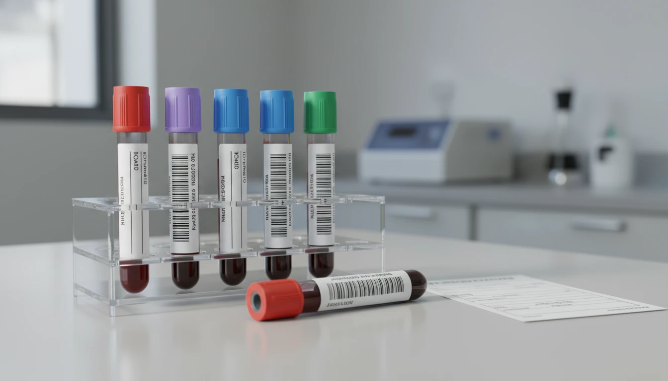 Frascos de coleta de sangue rotulados, prontos para análise nutricional em laboratório.