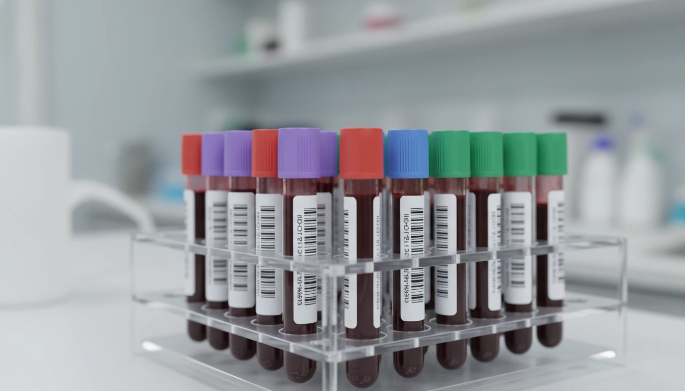 Close em frascos de sangue etiquetados no rack do laboratório.