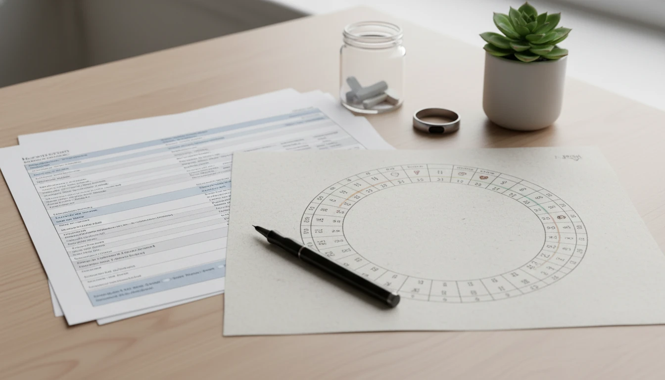 (Imagem: exames de sangue sobre superfície clínica e anotações relacionadas ao ciclo feminino, simbolizando cuidado integral em ambiente de laboratório.)