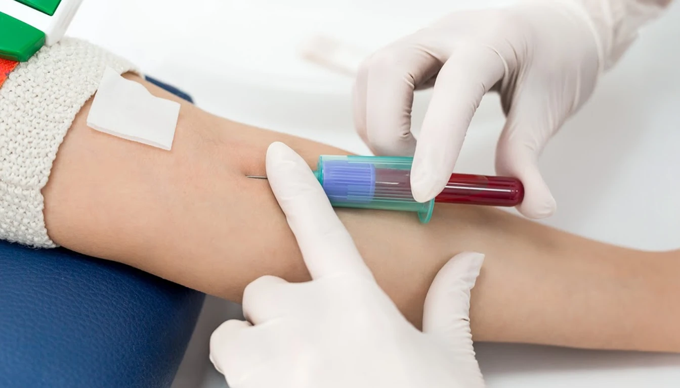 Profissional coletando amostra de sangue de paciente tranquilo.