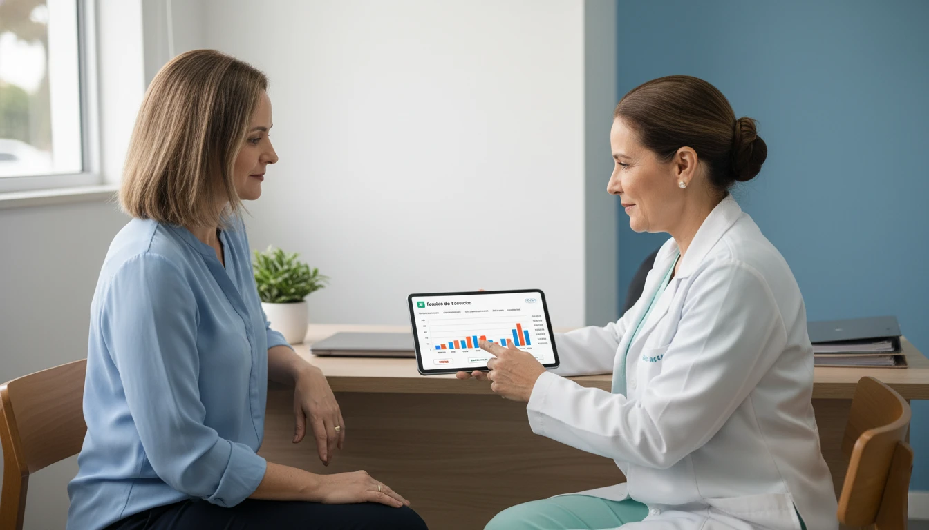 Paciente em consulta, com profissional explicando o laudo de exame em um tablet.